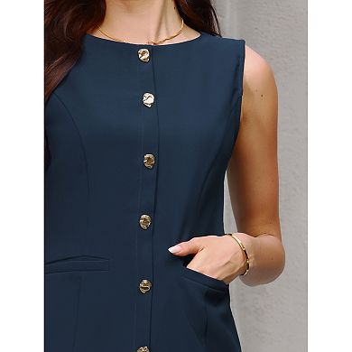 Women's Sleeveless Pencil Dress Boat Neck Button Decor Work Office Sheath Dresses with Pockets