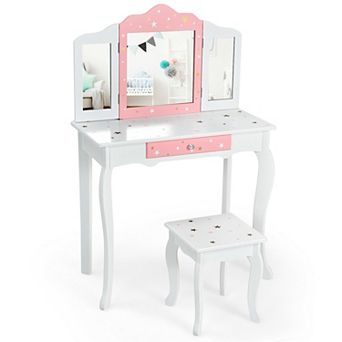 Costway Kids Vanity Princess Makeup Dressing Table Chair Set W/ Tri-folding Mirror