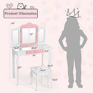 Costway Kids Vanity Princess Makeup Dressing Table Chair Set W/ Tri-folding Mirror