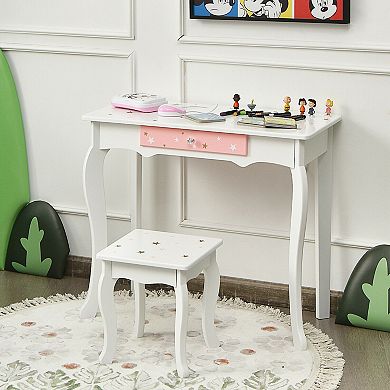 Costway Kids Vanity Princess Makeup Dressing Table Chair Set W/ Tri-folding Mirror