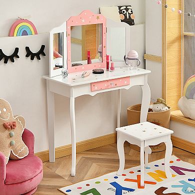 Costway Kids Vanity Princess Makeup Dressing Table Chair Set W/ Tri-folding Mirror