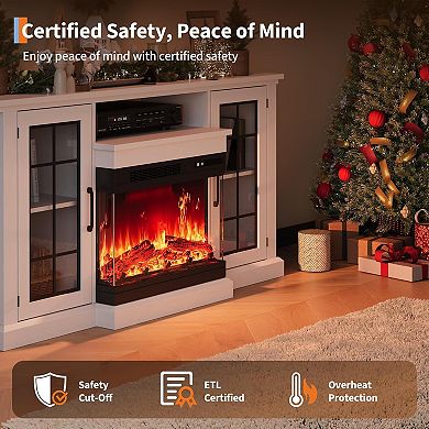 59-in TV Stand with 24-in Electric Fireplace 3-Sided Glass 12 LED Flames Storage White