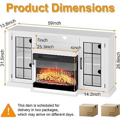 59-in TV Stand with 24-in Electric Fireplace 3-Sided Glass 12 LED Flames Storage White