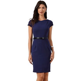 Business Dress for Women's Work Cap Sleeve Belted Bodycon Elegant Sheath Dress