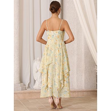 Women's Floral Dress Chiffon Summer Flowy Ruffles Tiered Spaghetti Strap Sundress