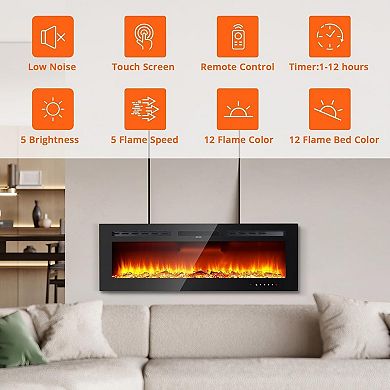 88-in Electric Fireplace Wall Mounted Smart APP 12 Flame Colors Ultra-Quiet Remote Black
