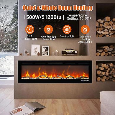72-in Electric Fireplace Wall Mounted Smart APP 12 Flame Colors Ultra-Quiet Remote Black