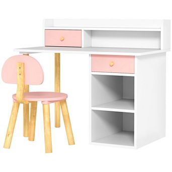 Qaba Kids Desk and Chair Set w/ Storage, for Girls Boys 3-8 Years