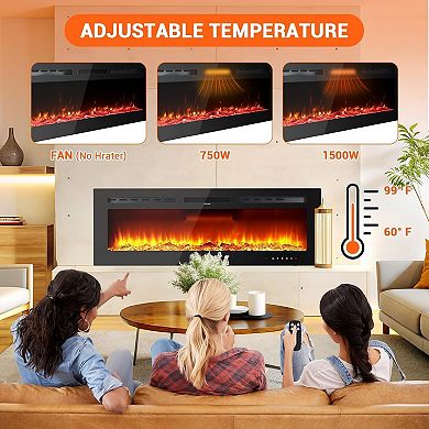 80-in Electric Fireplace Wall Mounted Recessed Remote 12 Flame Colors Thermostat Black