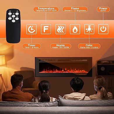 80-in Electric Fireplace Wall Mounted Recessed Remote 12 Flame Colors Thermostat Black