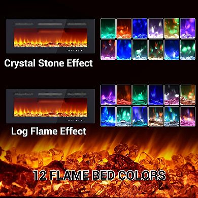 72-in Electric Fireplace Wall Mounted Remote 12 Flame Colors Ultra-Quiet Black