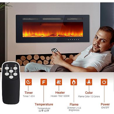 72-in Electric Fireplace Wall Mounted Remote 12 Flame Colors Ultra-Quiet Black