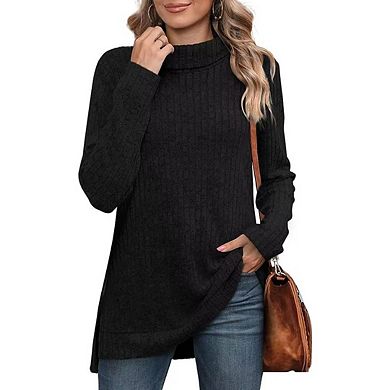 Women's Tunic Tops Turtleneck Long Sleeve Shirts Oversized Sweaters Side Split High Low Hemline