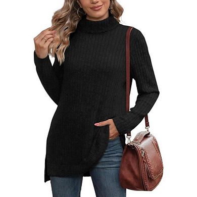 Women's Tunic Tops Turtleneck Long Sleeve Shirts Oversized Sweaters Side Split High Low Hemline
