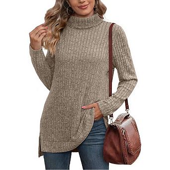 Women's Tunic Tops Turtleneck Long Sleeve Shirts Oversized Sweaters Side Split High Low Hemline