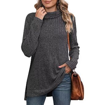 Women's Tunic Tops Turtleneck Long Sleeve Shirts Oversized Sweaters Side Split High Low Hemline