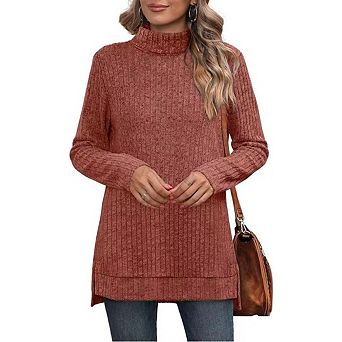 Women's Tunic Tops Turtleneck Long Sleeve Shirts Oversized Sweaters Side Split High Low Hemline