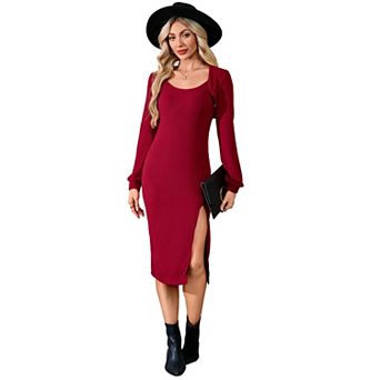Women Knit Sweater Dress Set Bodycon Slit Midi Dresses Long Sleeve Cropped Cardigan 2 pc Sets