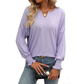 Womens Tops Puff Long Sleeve Shirts Dressy Casual Crew Neck Pleated Summer Fall Work Blouses