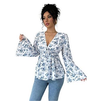 Women's V Neck Floral Blouse Bell Long Sleeve Ruffle Causal Tie Front Flare Sleeve Shirt Top