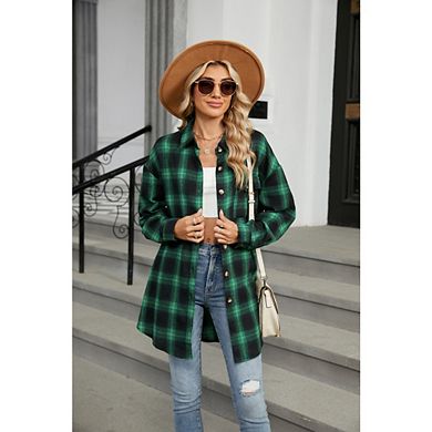 Women's Button Down Flannel Shirts Oversize Plaid Shacket Long Sleeve Collared Business Casual Tops