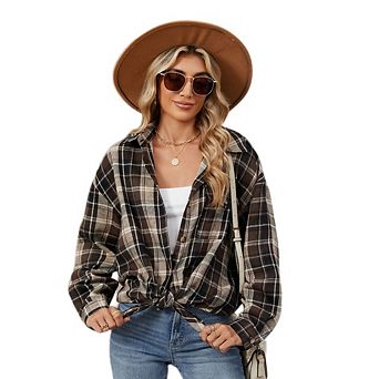 Women's Button Down Flannel Shirts Oversize Plaid Shacket Long Sleeve Collared Business Casual Tops