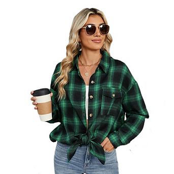 Women's Button Down Flannel Shirts Oversize Plaid Shacket Long Sleeve Collared Business Casual Tops