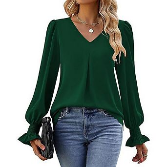 Women's Long Sleeve Tops Dressy Casual V Neck Tunic Shirts Loose Chiffon Work Blouse