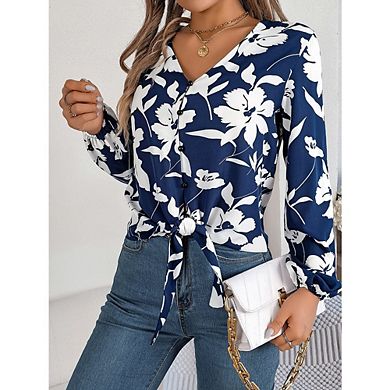 Women's Floral Button Down Blouse Dressy Casual Long Sleeve Oversized Shirts Top Fall Boho Clothes