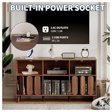 Record Player Stand with Charging Station - Mid Century Modern Record Storage Cabinet