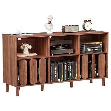 Record Player Stand with Charging Station - Mid Century Modern Record Storage Cabinet