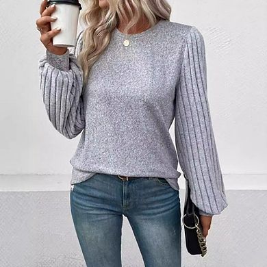 Women's Puff Long Sleeve Shirts Casual Knit Blouses Crew Neck Elegant Tunic Tops