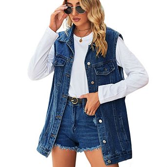 Women's Vintage Denim Vest Button Down Jean Waistcoat Gilet Sleeveless Jean Jacket