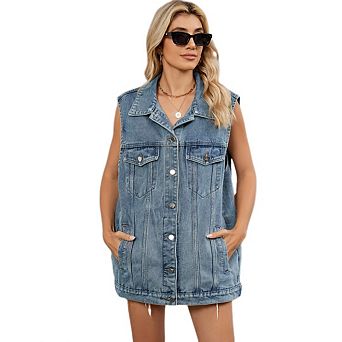 Women's Vintage Denim Vest Button Down Jean Waistcoat Gilet Sleeveless Jean Jacket