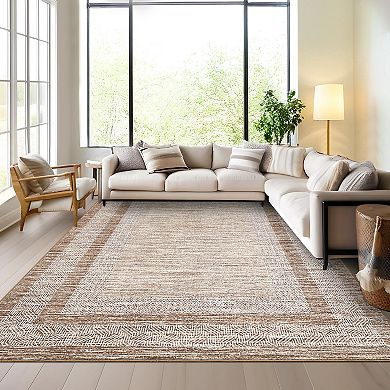 Bordered Machine Washable Rug with Non-Slip Backing Stain-Resistant Indoor Carpet