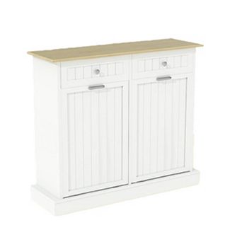 Tilt Out Trash Cabinet, Trash Can Cabinet with Rattan Design, Freestanding Hidden Garbage