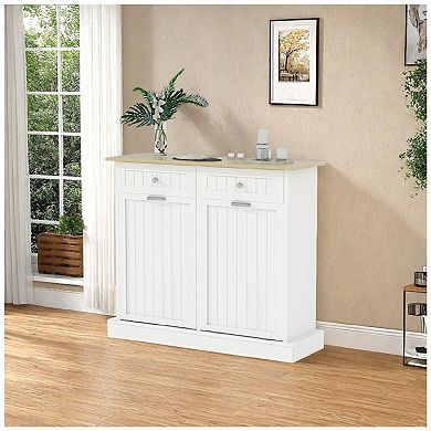 Tilt Out Trash Cabinet, Trash Can Cabinet with Rattan Design, Freestanding Hidden Garbage