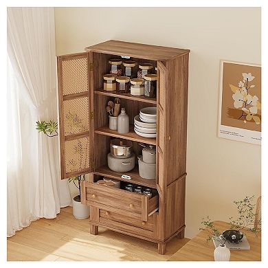 Tall Freestanding Kitchen Pantry Cabinet with Rattan Doors