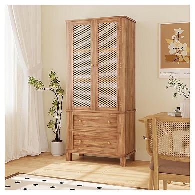 Tall Freestanding Kitchen Pantry Cabinet with Rattan Doors