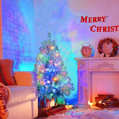 Whisen Sliver Artificial LED Christmas Tree, Hinged Full Tree with Metal Stand, 11 Lighting Modes