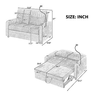Streamdale Modern Loveseat Sofa Bed with Pull-Out, Storage, and Ports