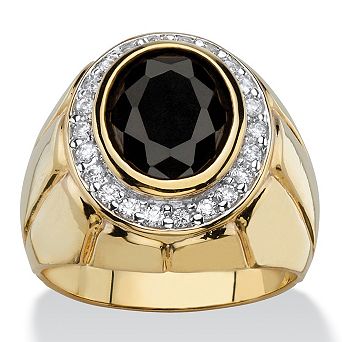 PalmBeach Jewelry Men's 4.18 TCW Black Oval Cubic Zirconia Gold-Plated Faceted Halo Ring