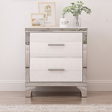 Streamdale Elegant High Gloss Nightstand with Metal Handle,Mirrored Bedside Table with 2 Drawers