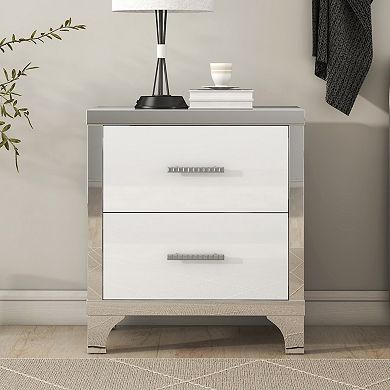 Streamdale Elegant High Gloss Nightstand with Metal Handle,Mirrored Bedside Table with 2 Drawers