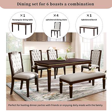 Streamdale 6-Piece Dining Table Set- 60" Table, 4 Tufted Chairs & Bench