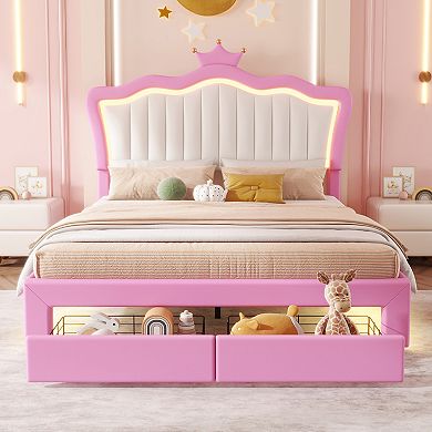 Streamdale Princess Crown Bed with LED Lights and Drawers