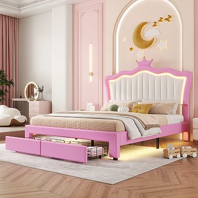 Streamdale Princess Crown Bed with LED Lights and Drawers