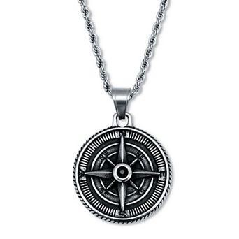 PalmBeach Jewelry Men's Black Crystal Antiqued Stainless Steel Compass Pendant Necklace 24-inch