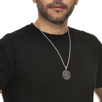 PalmBeach Jewelry Men's Black Crystal Antiqued Stainless Steel Compass Pendant Necklace 24-inch