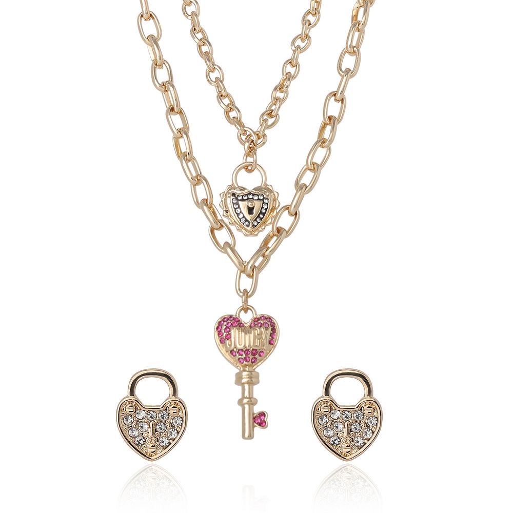 Juicy Couture Key Charm Layered Necklace and Lock Earring Set